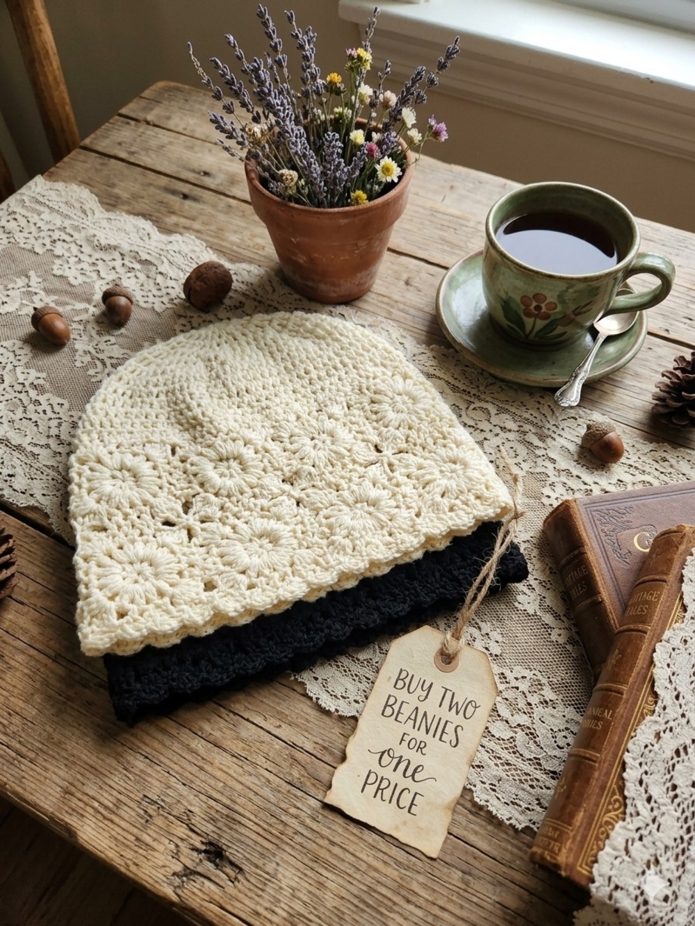 Cream Crochet Beanie Set (Cream + Black)